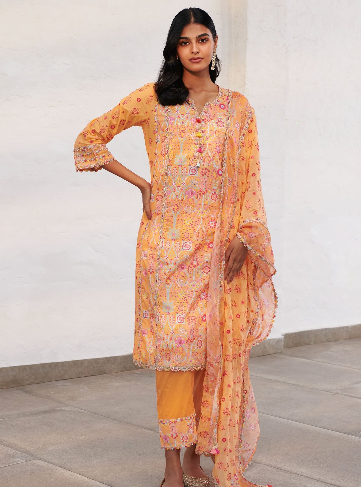 Mulmul Cotton Avery Orange Kurta With Avery Orange Pant