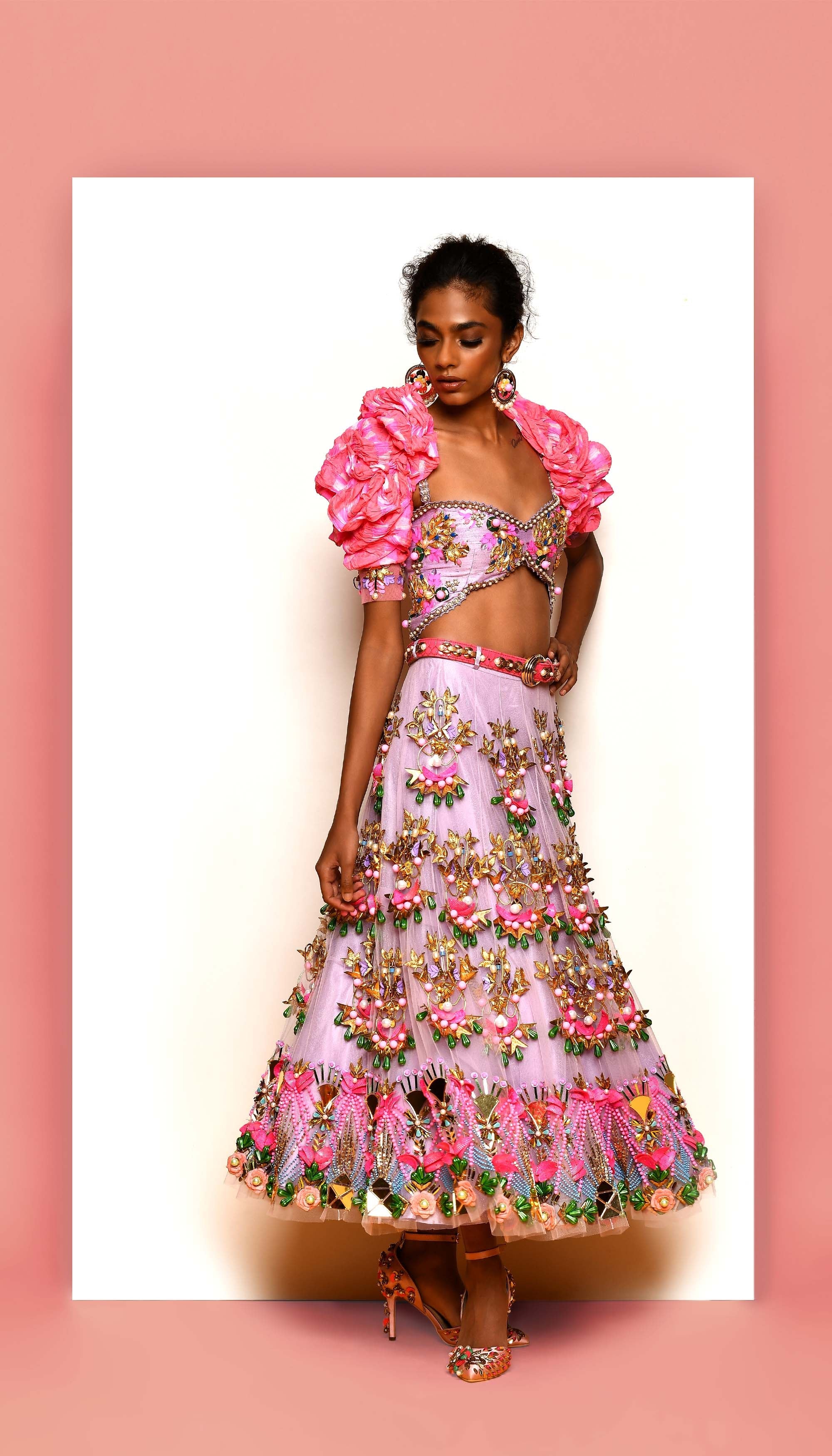 Between-The-Clouds - Lilac And Pink Embellished Half Lehenga Set