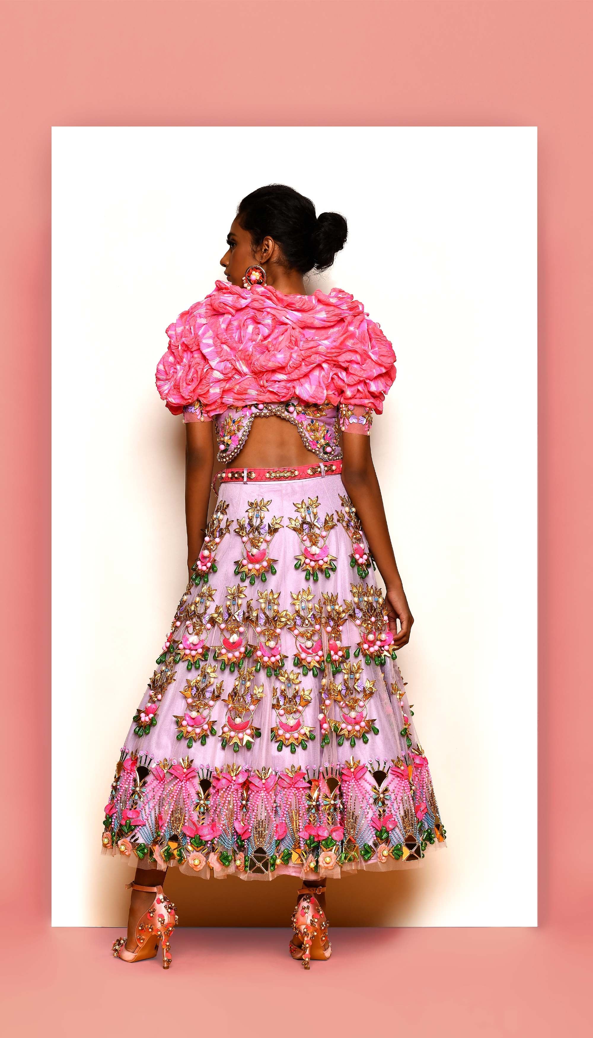 Between-The-Clouds - Lilac And Pink Embellished Half Lehenga Set