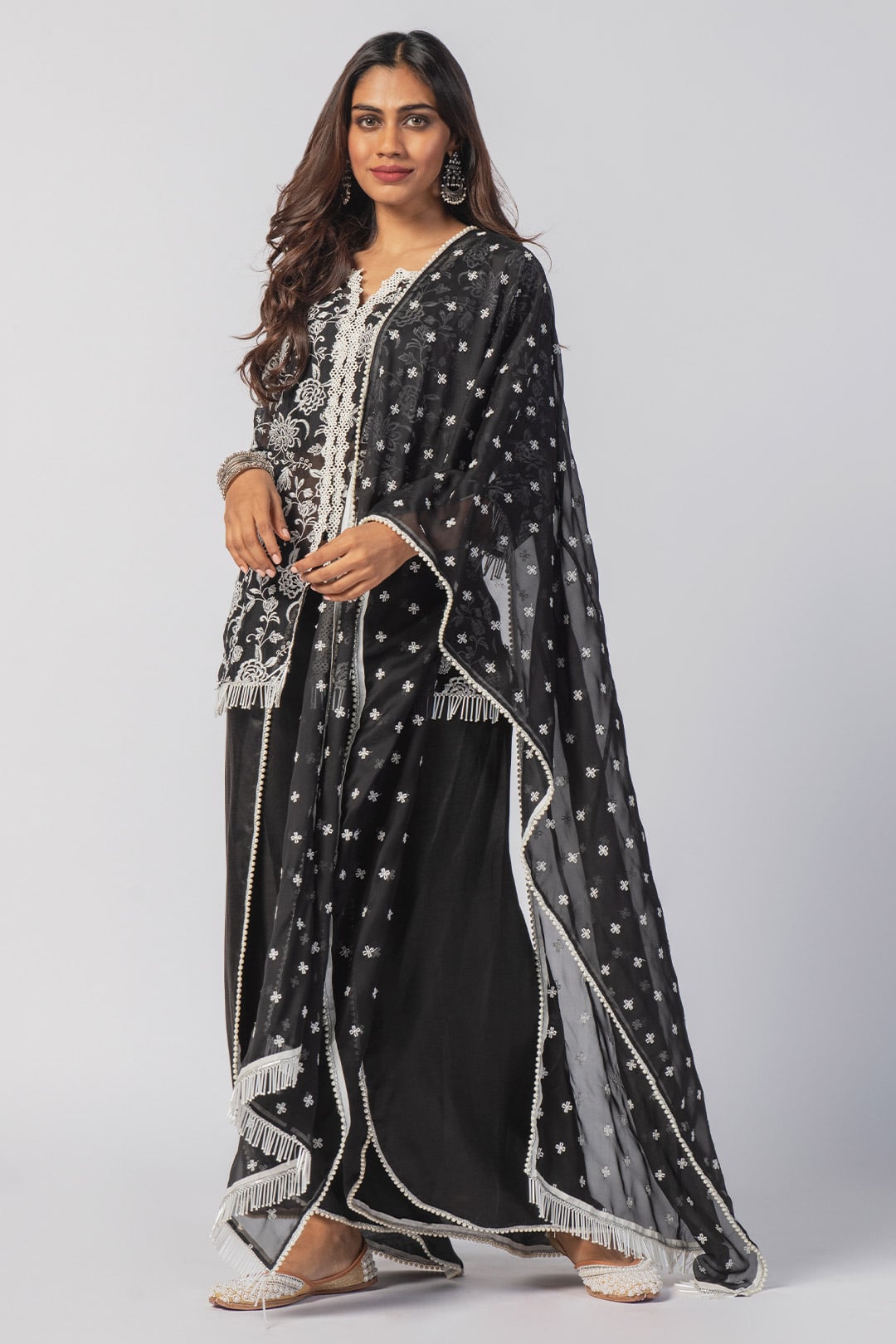 Mulmul Tencel Luxe Organza Claire Black Kurta With Cupro Claire Dhoti Black Pant