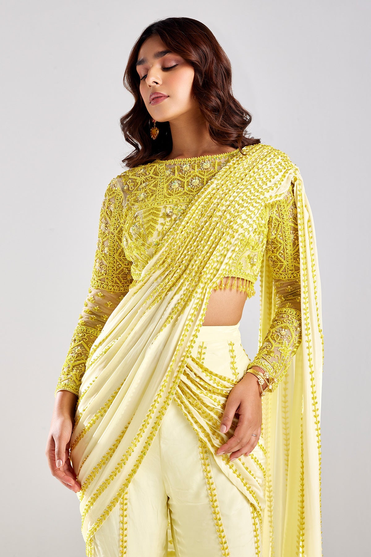 Pastel Yellow Embroidered Saree Set