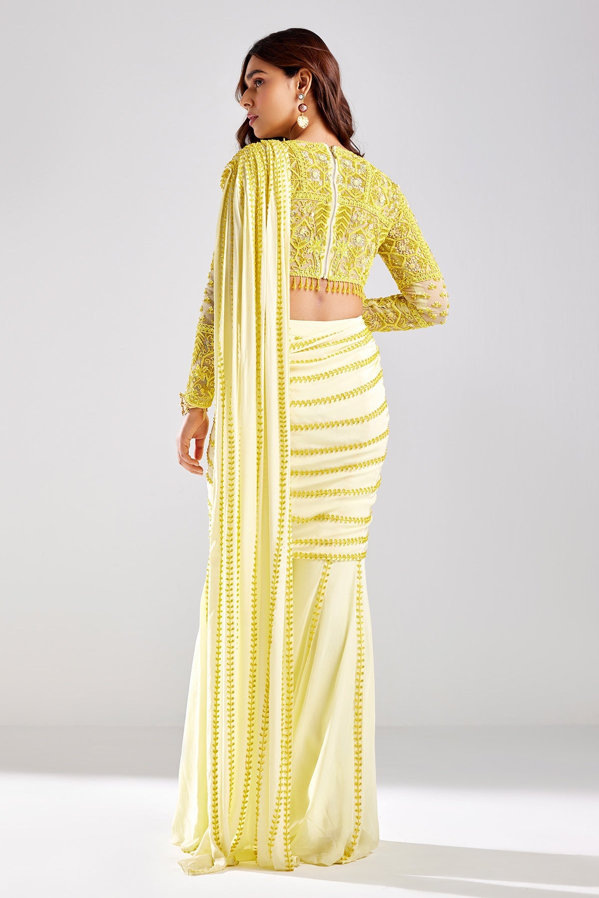 Pastel Yellow Embroidered Saree Set