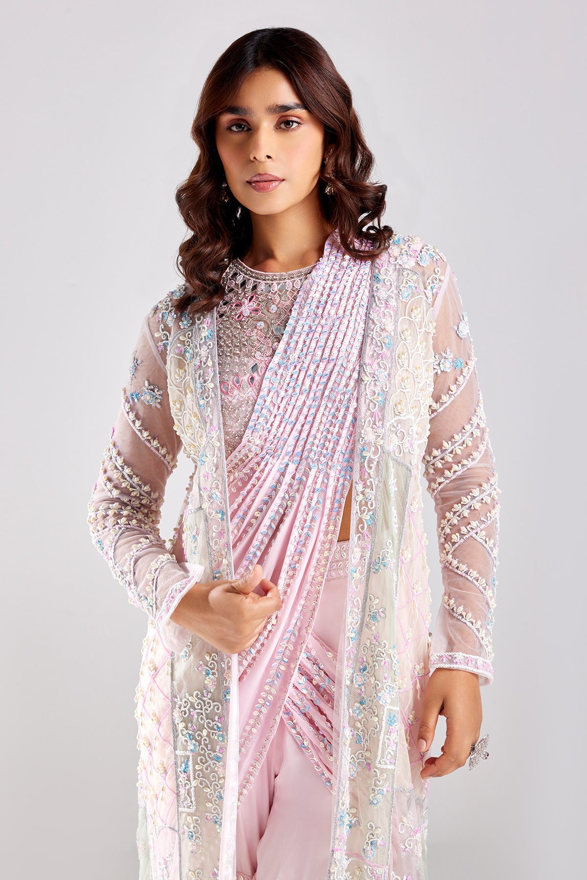 Blush Pink Embroidered Cape With Saree Set