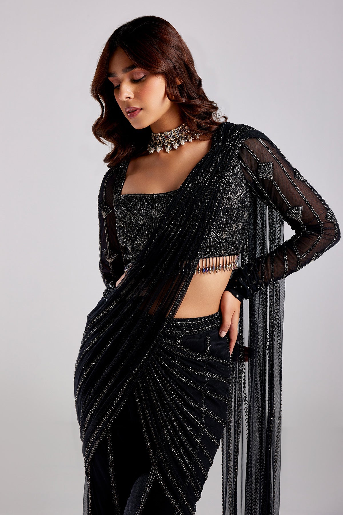 Black Embroidered Saree Set