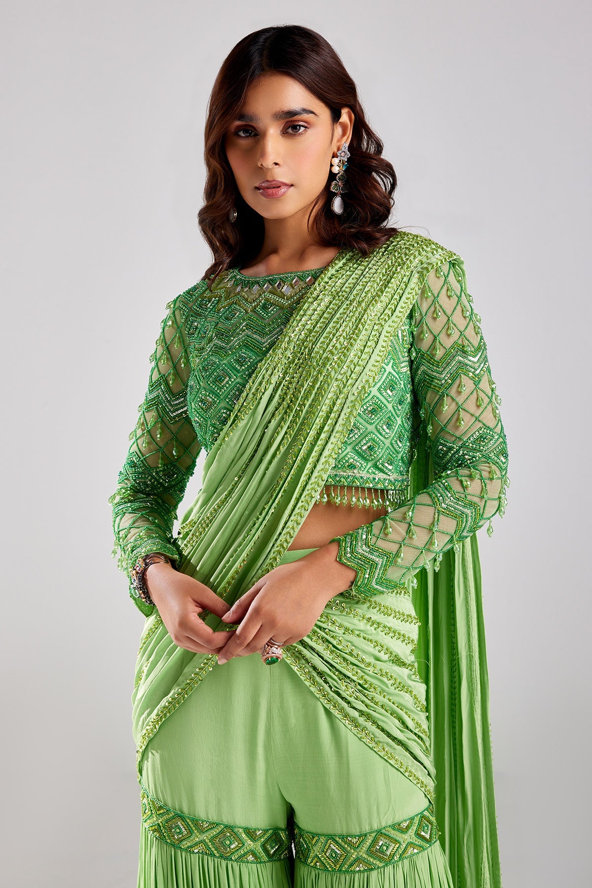 Mint Green Embroidered Saree Set