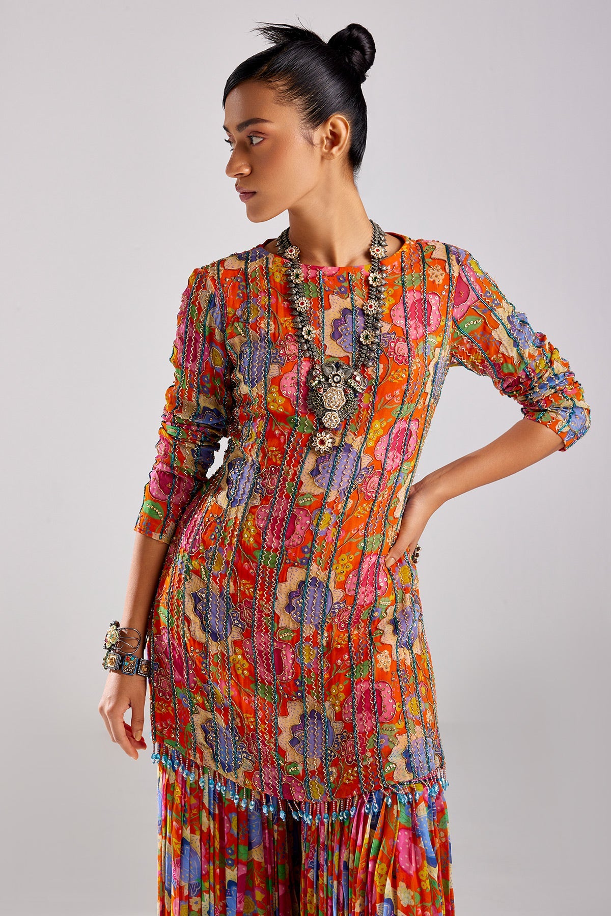 Rust Print & Embroidered Kurti Set