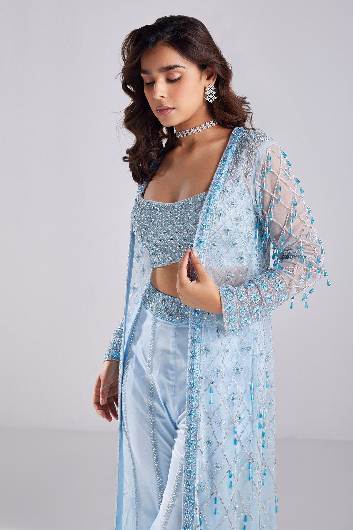 Powder Blue Embroidered Jacket Set