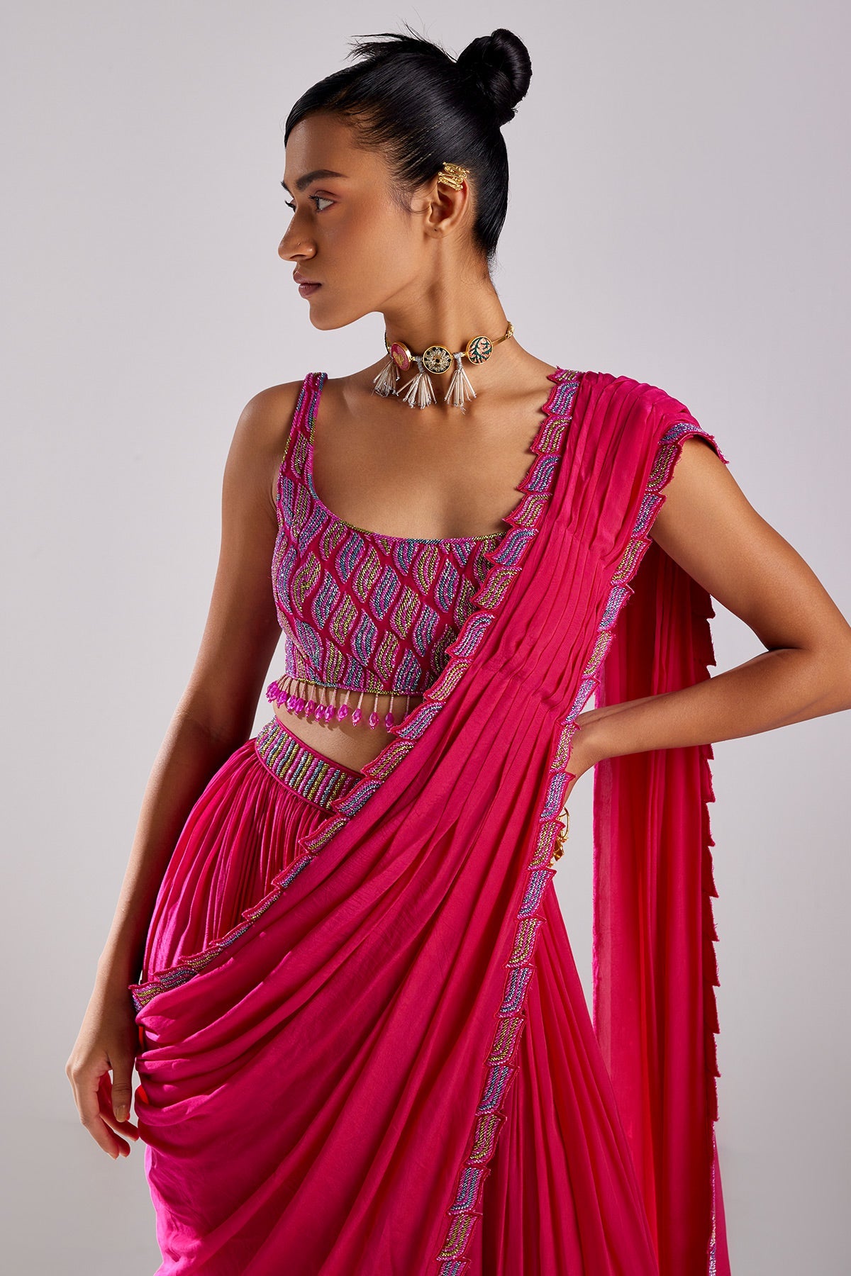 Fuschia Pink Embroidered Saree Set