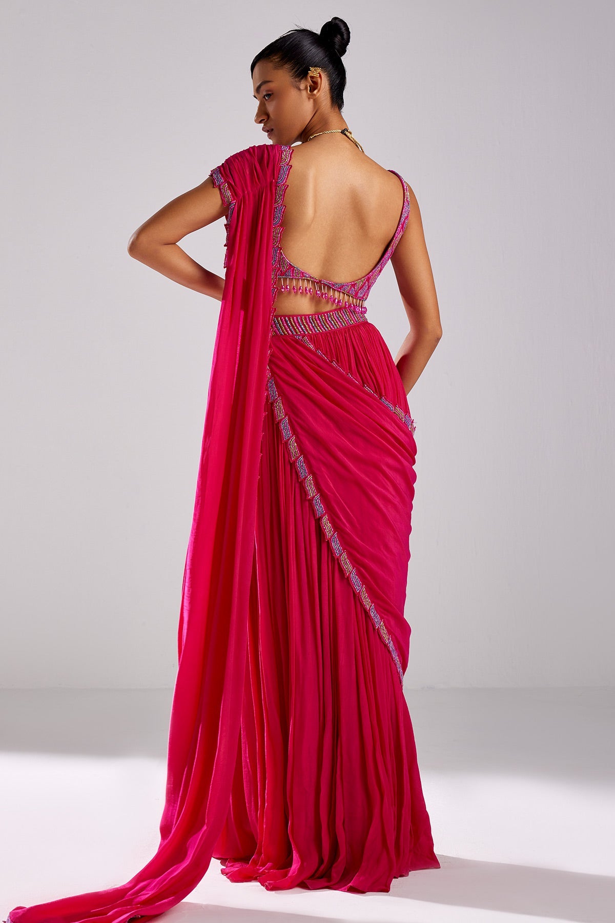 Fuschia Pink Embroidered Saree Set