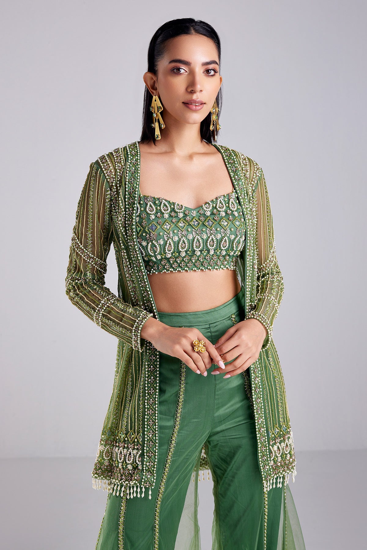 Sage Green Embroidered Jacket Set