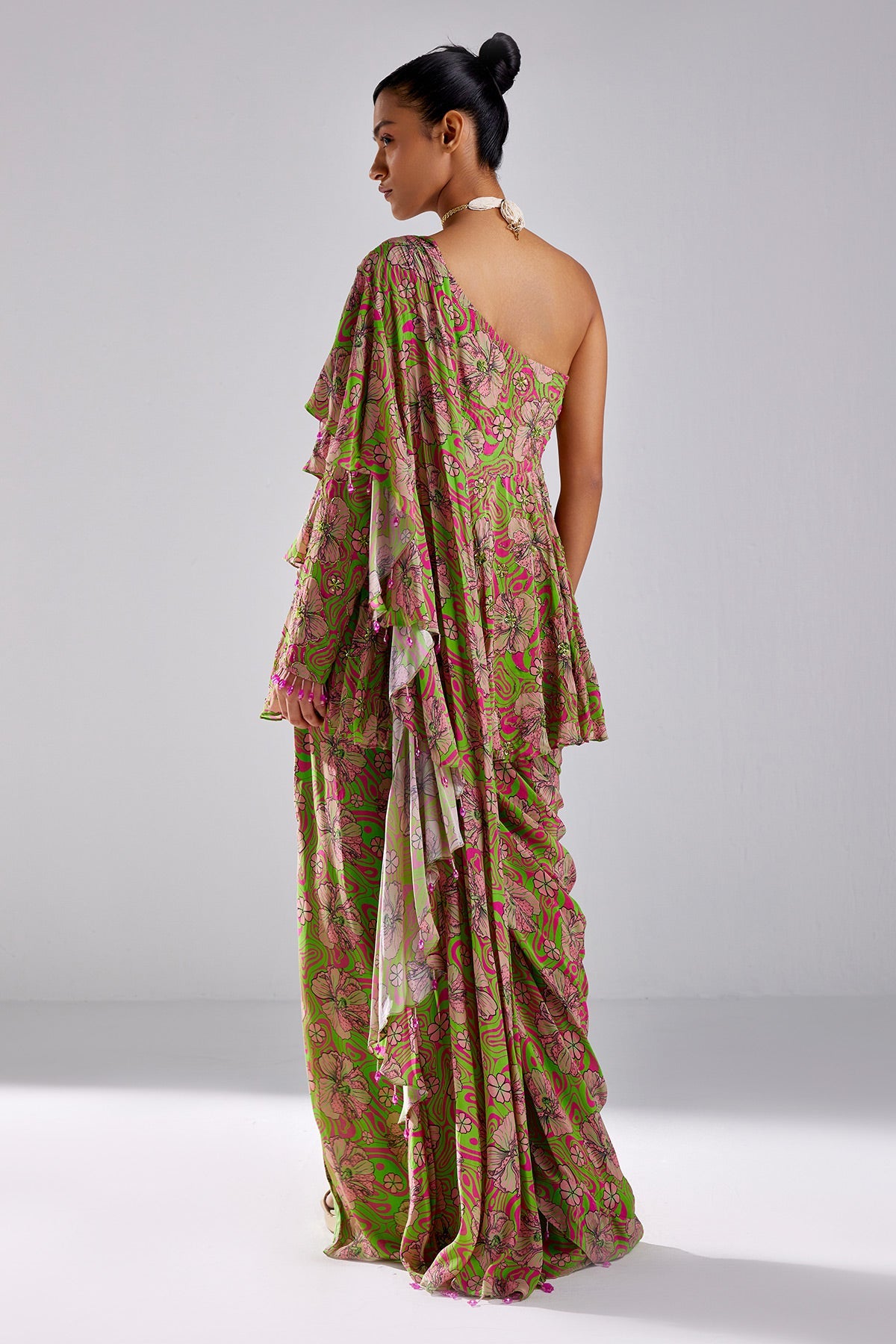 Neon Green Print & Embroidered Saree Set