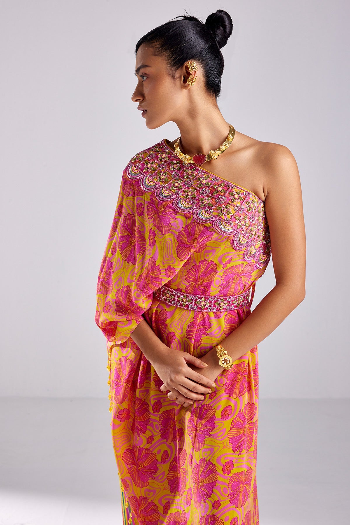 Pink Print & Embroidered Kaftan Set