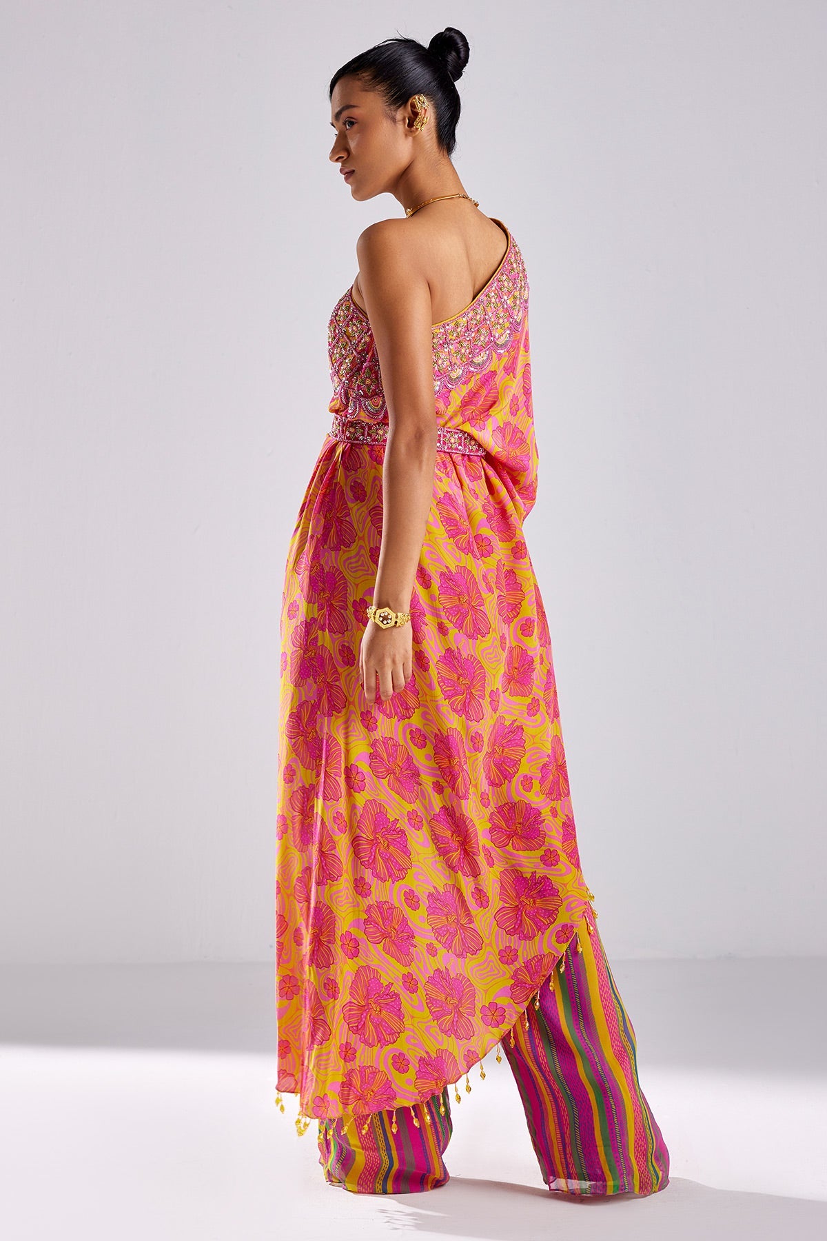 Pink Print & Embroidered Kaftan Set