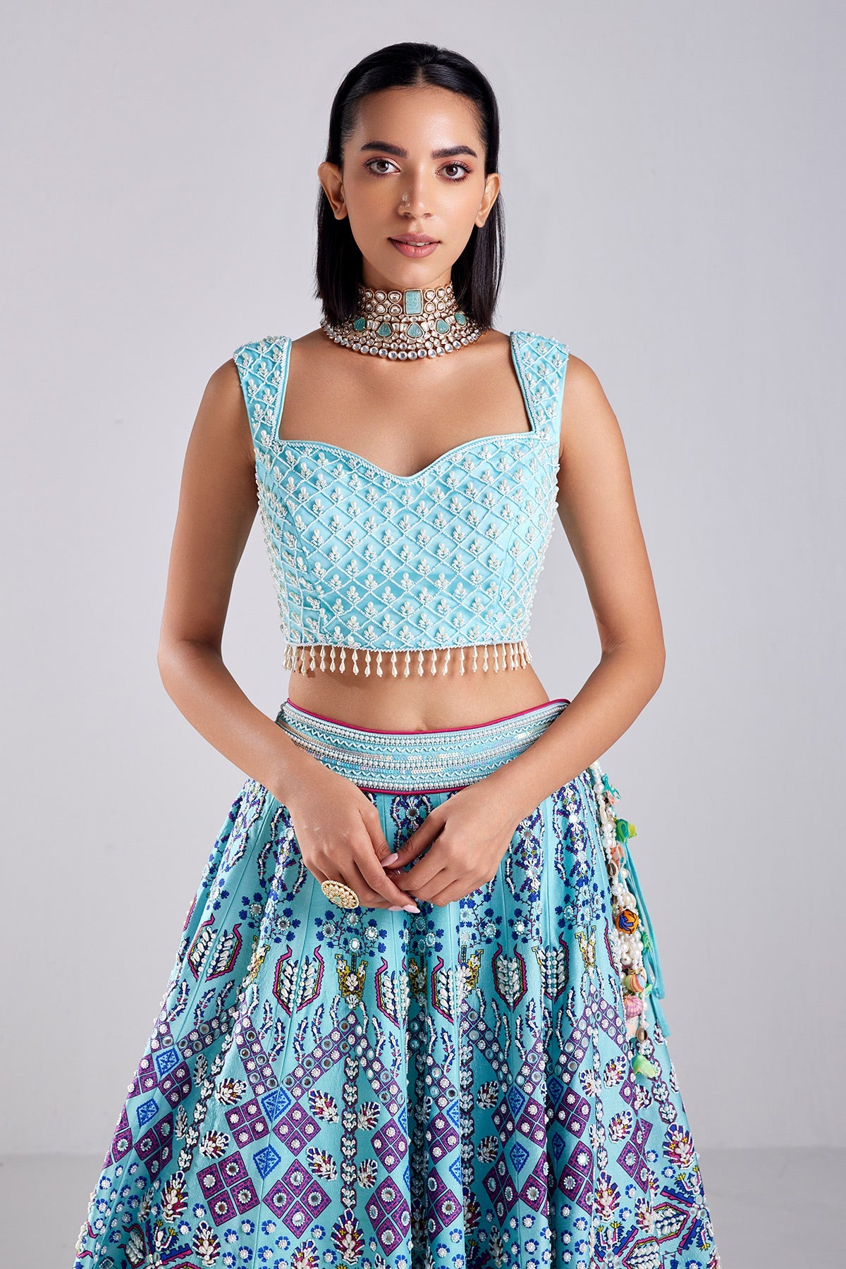 Tiffany Blue Traditional Print & Embroidered Lehenga Set