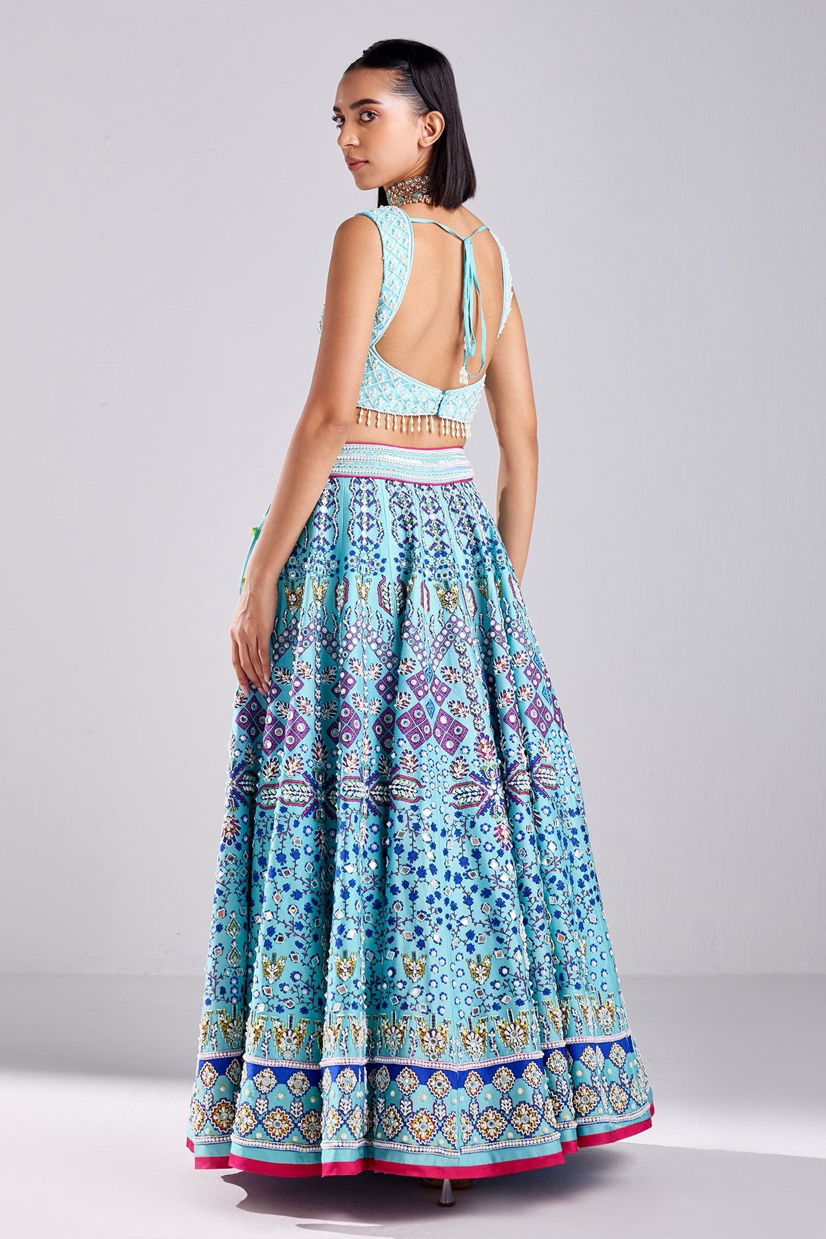 Tiffany Blue Traditional Print & Embroidered Lehenga Set