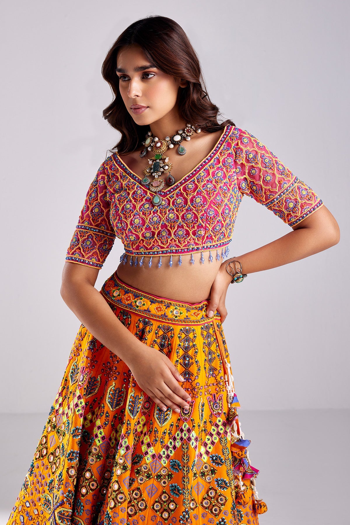 Tangerine Traditional Print & Embroidered Lehenga Set