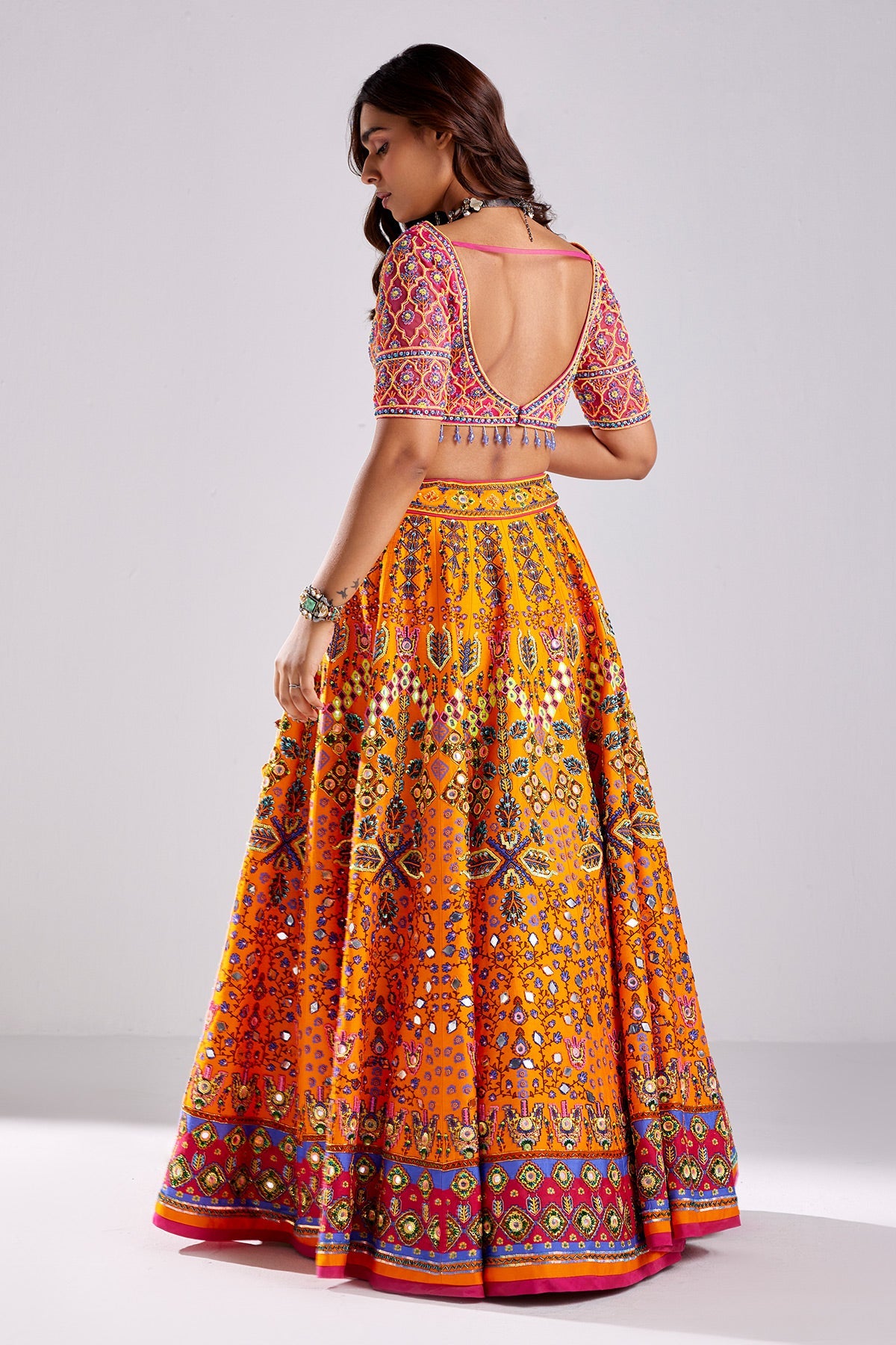 Tangerine Traditional Print & Embroidered Lehenga Set