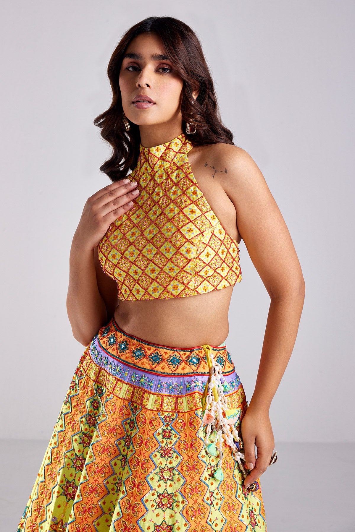 Canary Yellow Geometric Print & Embroidered Lehenga Set