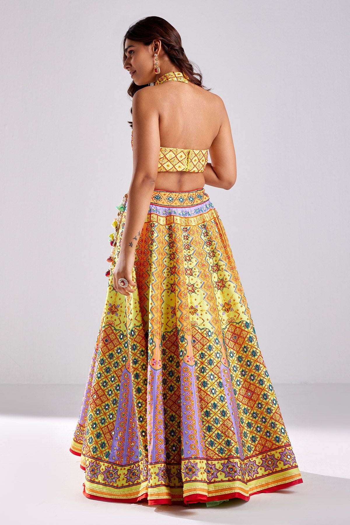 Canary Yellow Geometric Print & Embroidered Lehenga Set