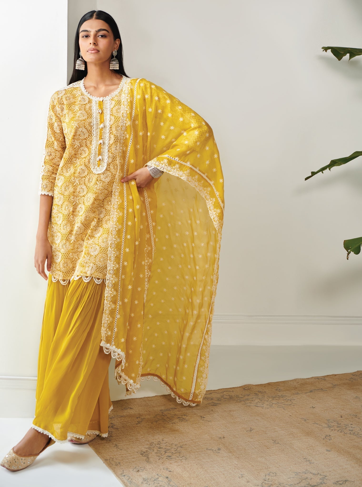 Mulmul Organza Demi Yellow Kurta With Mulmul Georgette Demi Yellow Garara