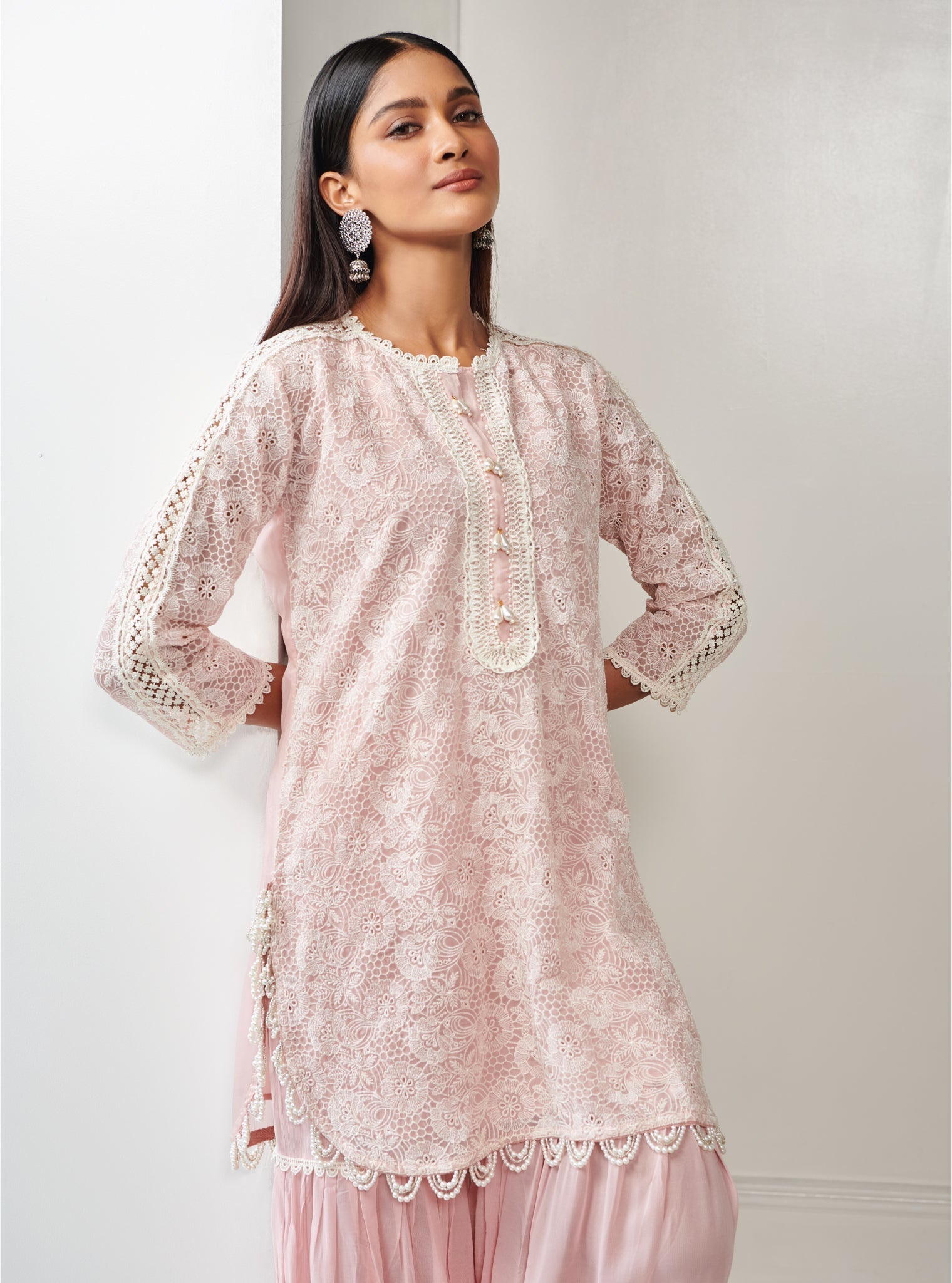 Mulmul Organza Demi Pink Kurta With Mulmul Georgette Demi Pink Garara