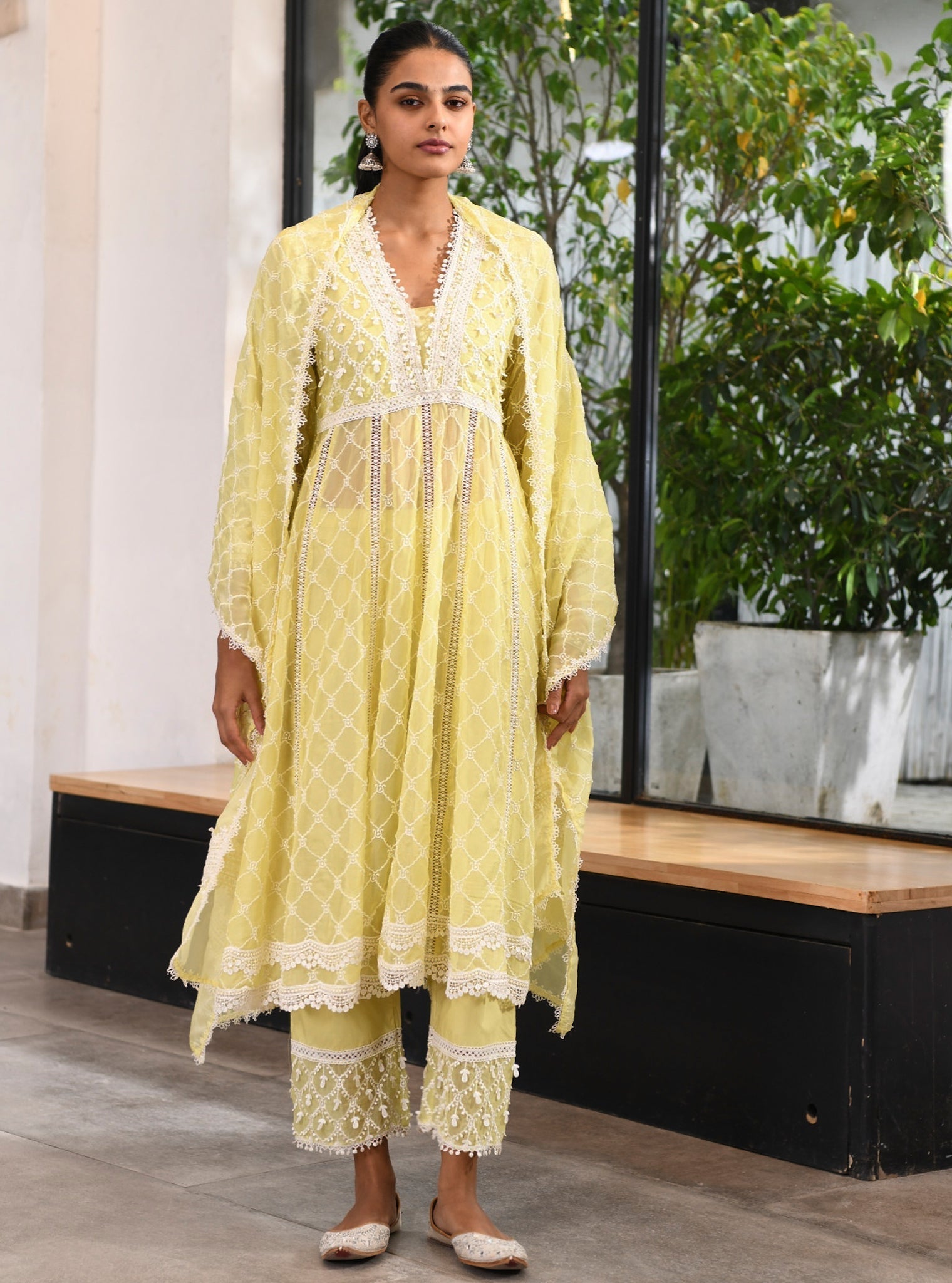 Mulmul Organza Anarkali Dori Lime Kurta With Mulmul Cotton Dori Lime Pant