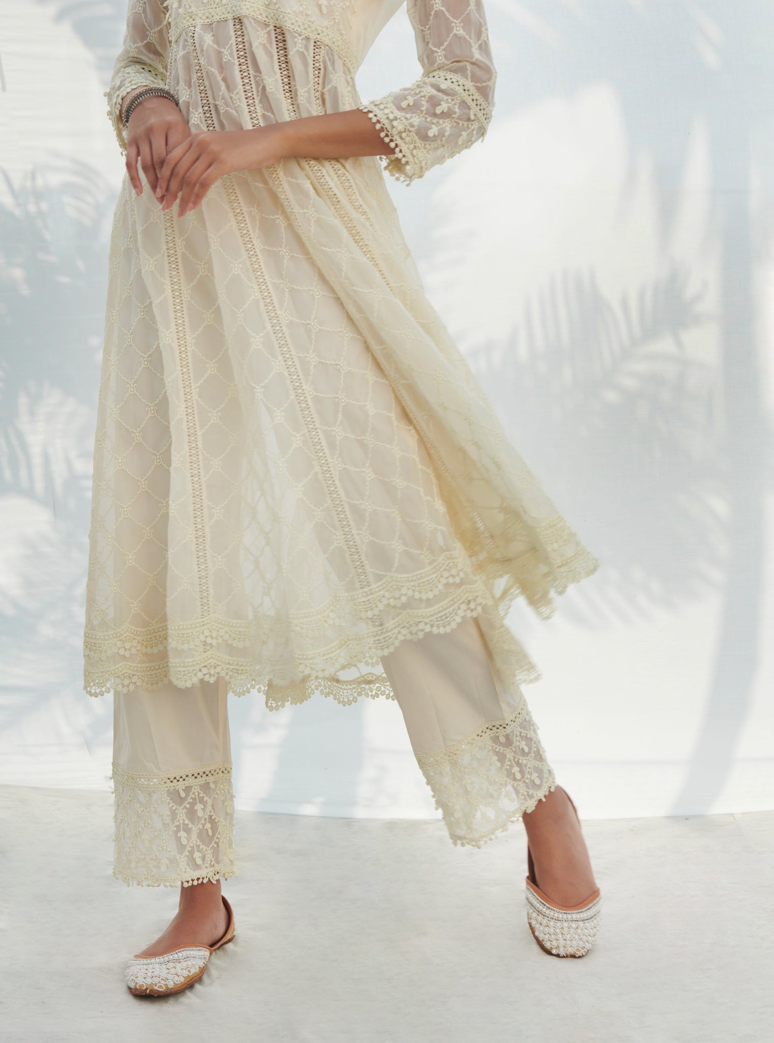 Mulmul Organza Anarkali Dori White Kurta With Mulmul Cotton Dori White Pant