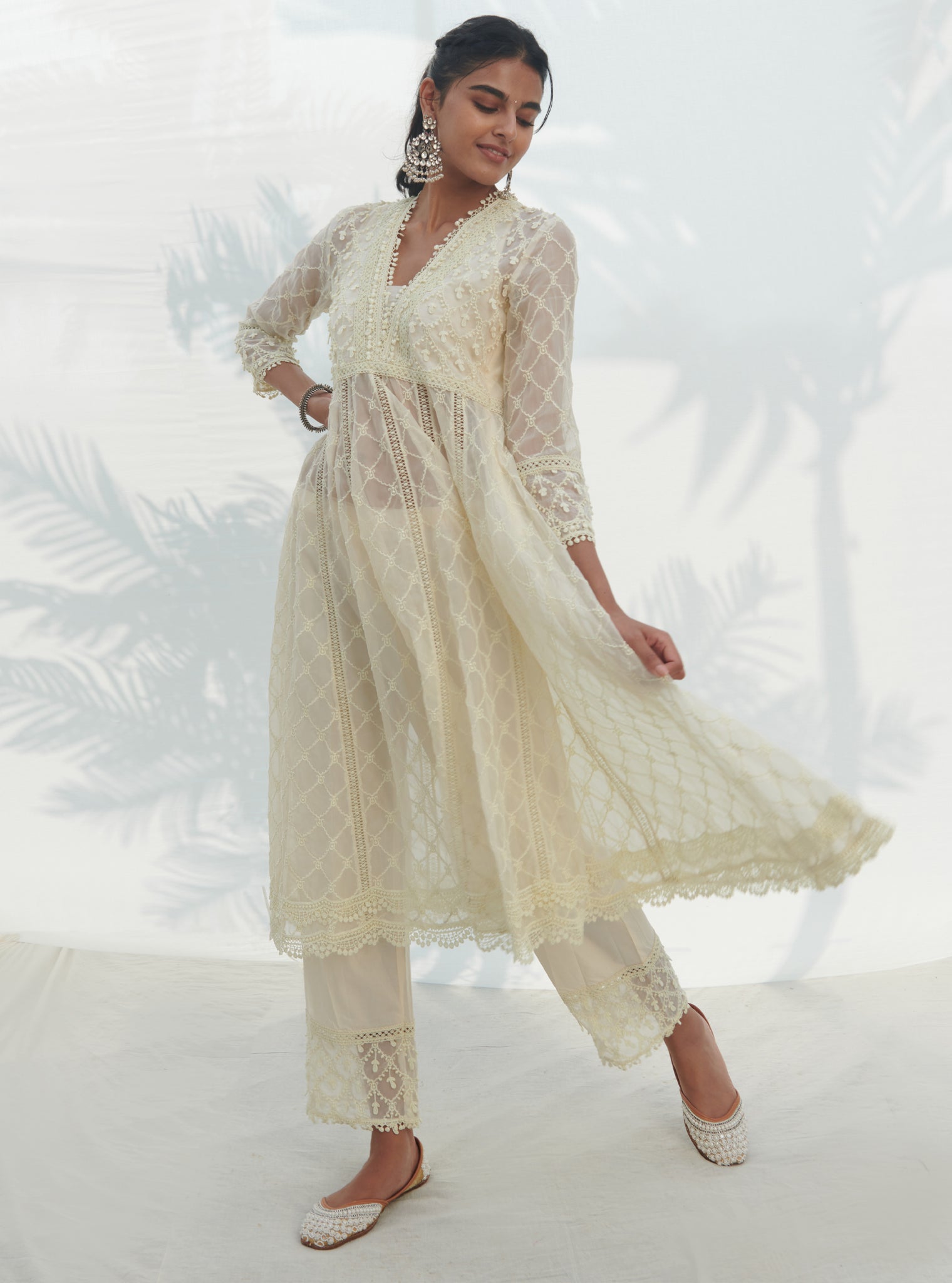 Mulmul Organza Anarkali Dori White Kurta With Mulmul Cotton Dori White Pant