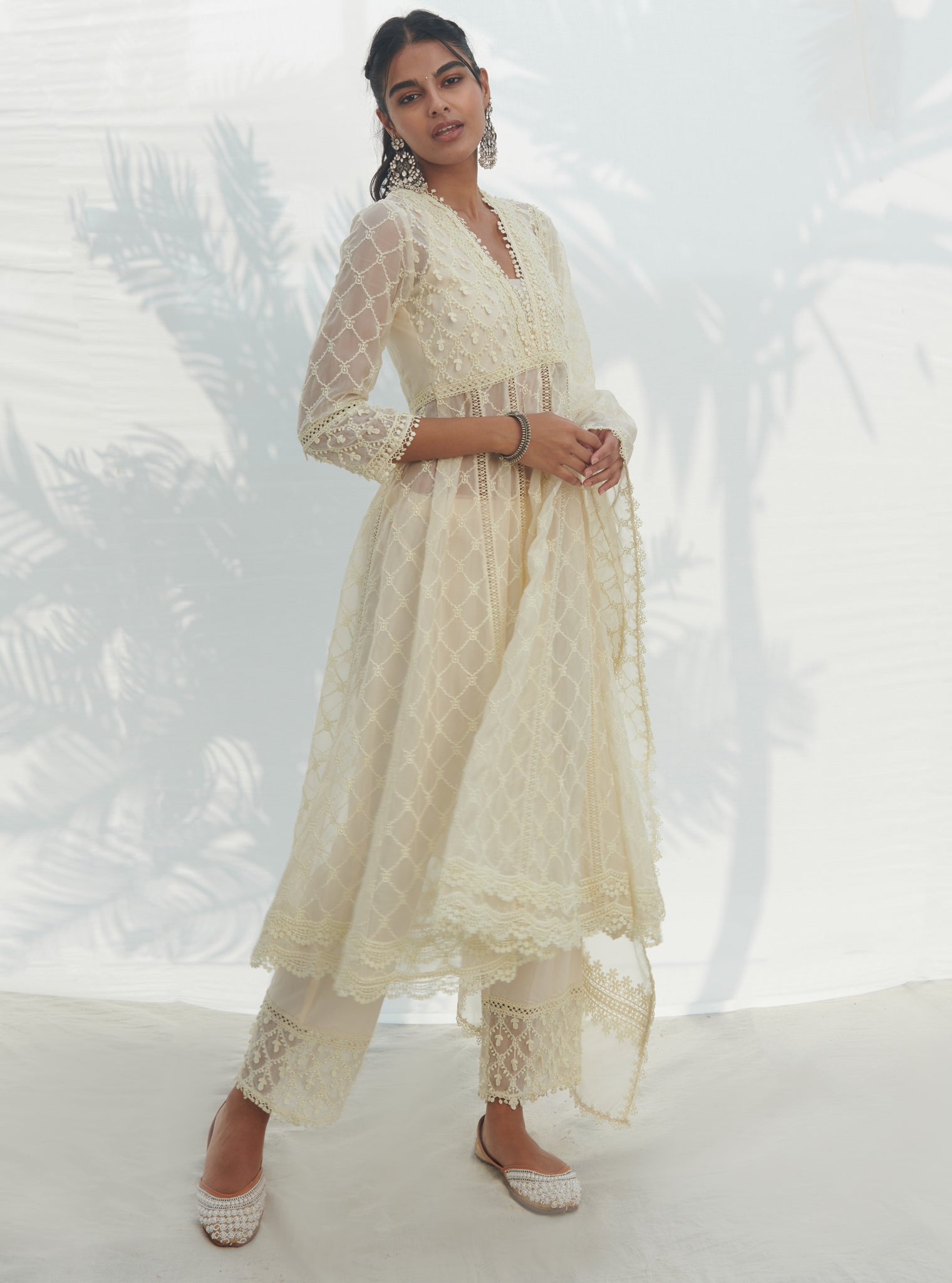 Mulmul Organza Anarkali Dori White Kurta With Mulmul Cotton Dori White Pant