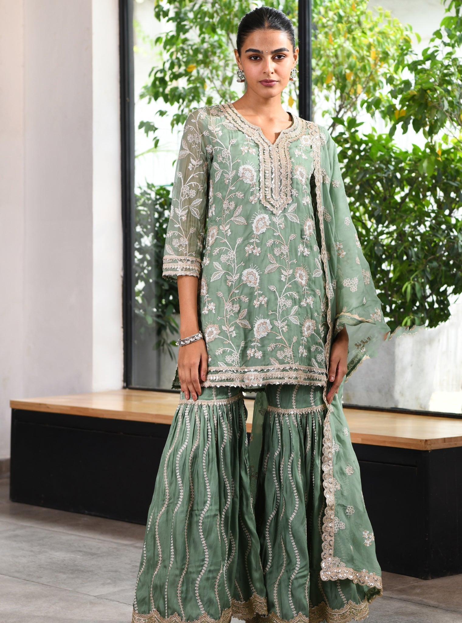 Mulmul Organza Evolet Green Kurta With Mulmul Silk Evolet Green Garara