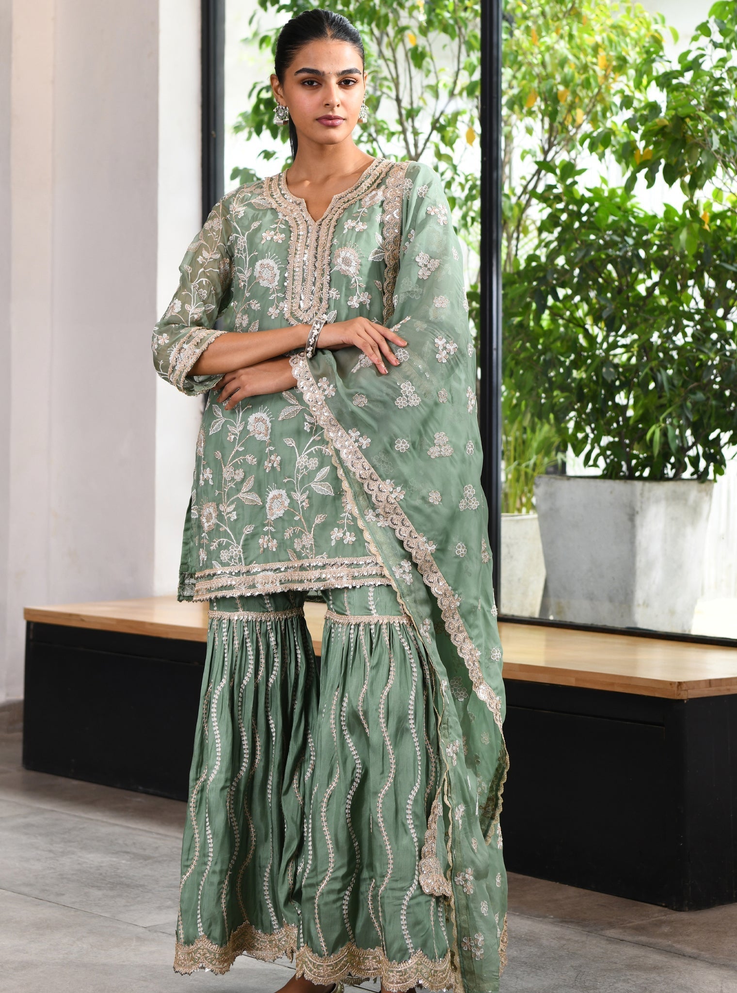 Mulmul Organza Evolet Green Kurta With Mulmul Silk Evolet Green Garara