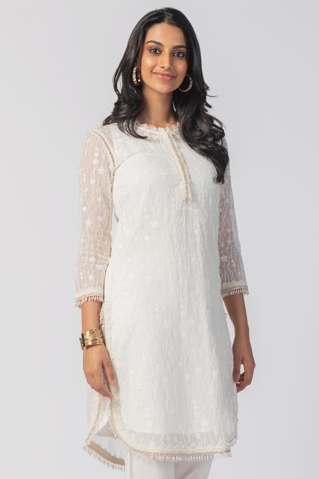 Mulmul Tencel Luxe Organza Freya Off White Kurta With Supima Cotton Freya Round Hem Off White Pant