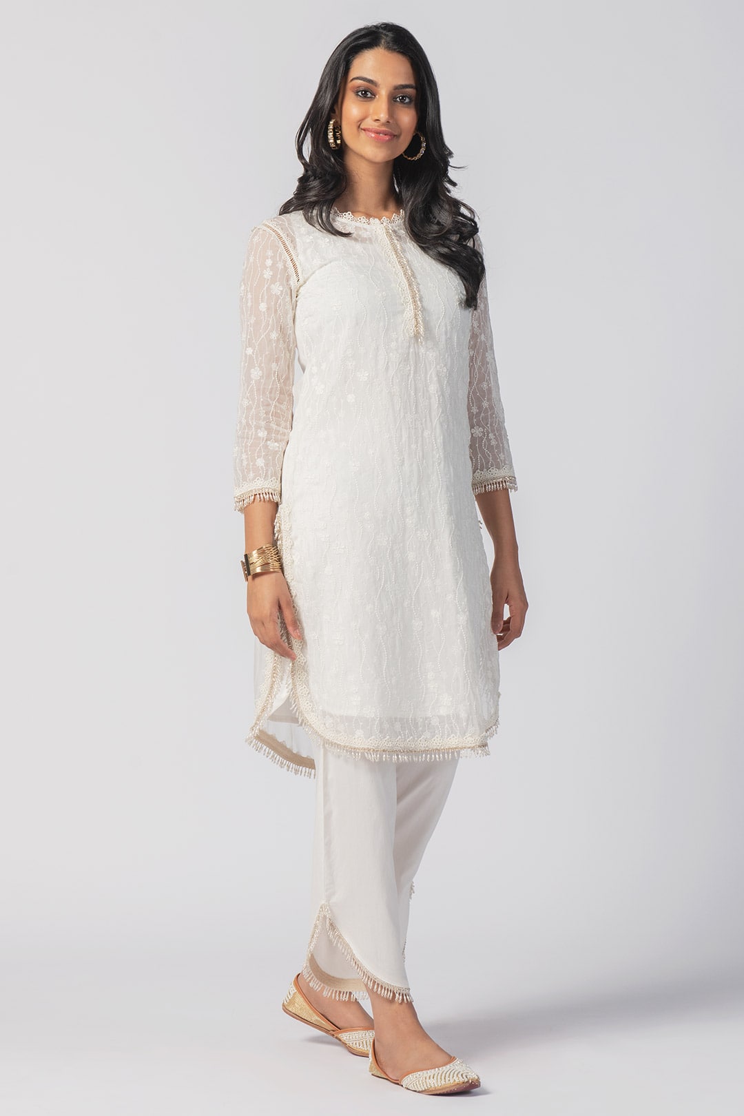 Mulmul Tencel Luxe Organza Freya Off White Kurta With Supima Cotton Freya Round Hem Off White Pant