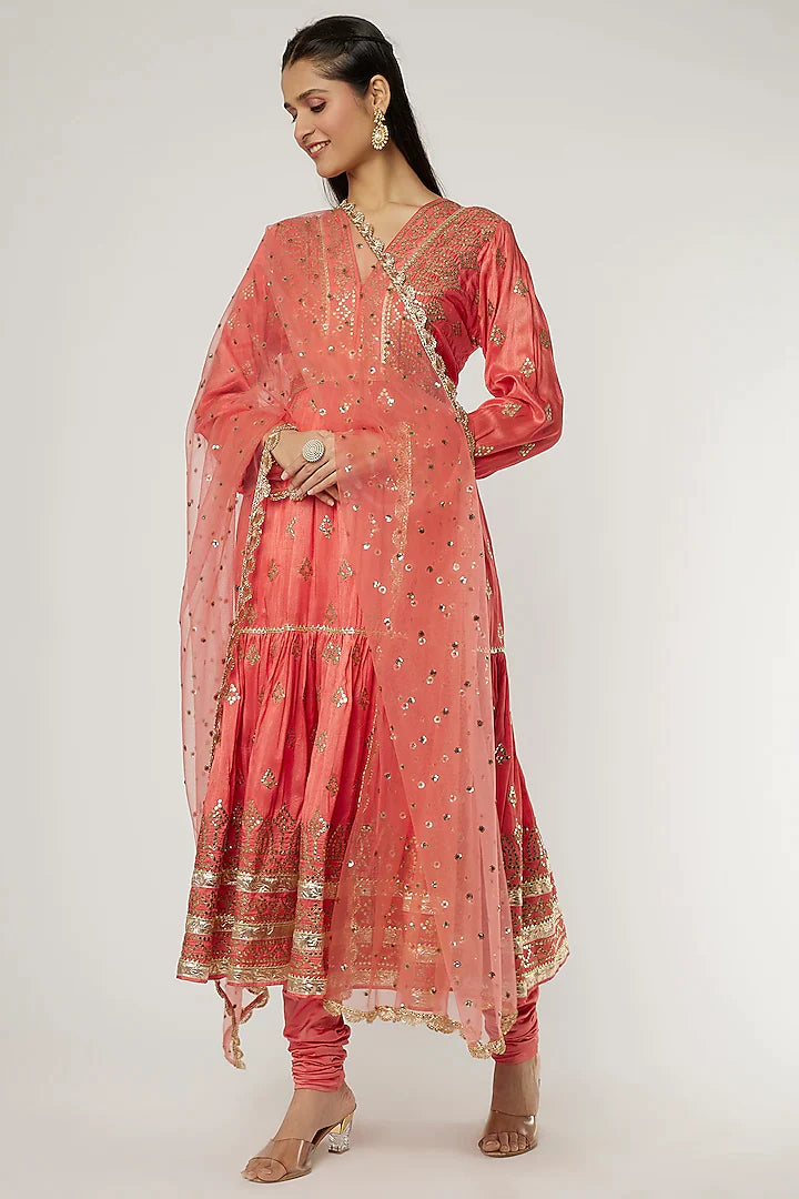 Suhana Ag Tiered Churidar With Dupatta Coral