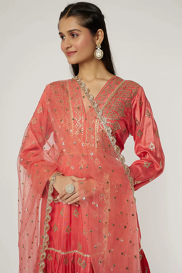 Suhana Ag Tiered Churidar With Dupatta Coral