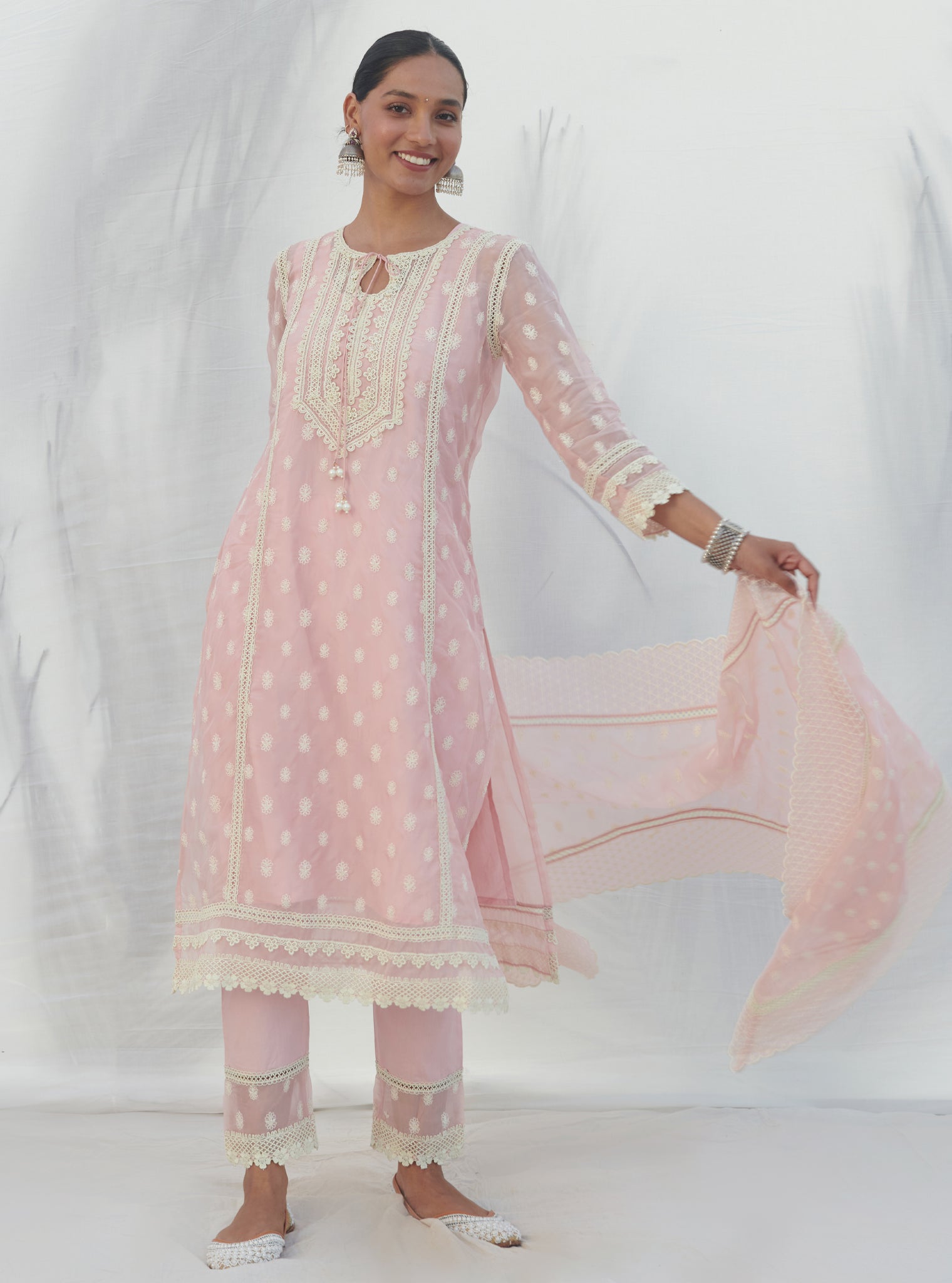 Mulmul Organza Jankia Pink Kurta With Mulmul Cotton Jankia Pink Pant