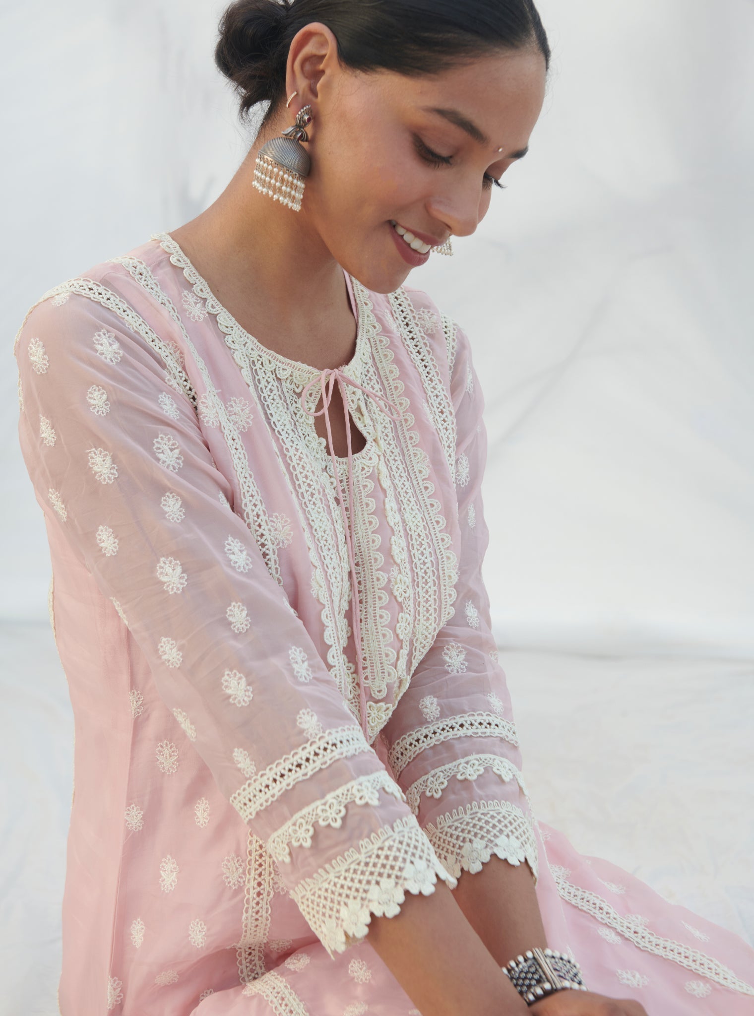 Mulmul Organza Jankia Pink Kurta With Mulmul Cotton Jankia Pink Pant