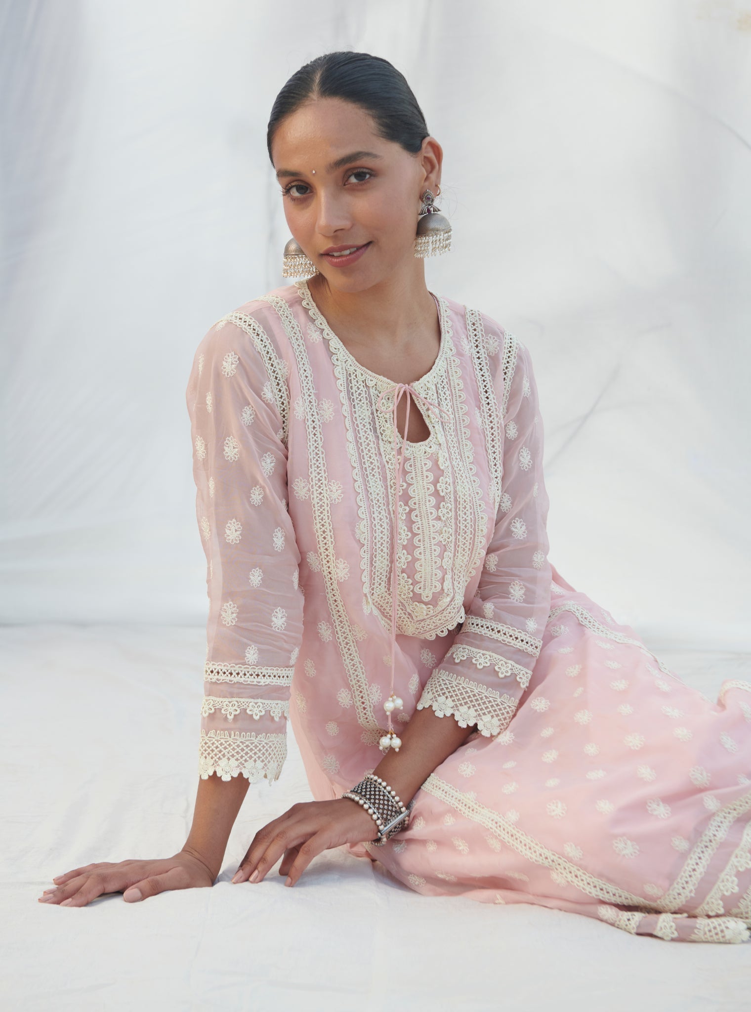 Mulmul Organza Jankia Pink Kurta With Mulmul Cotton Jankia Pink Pant