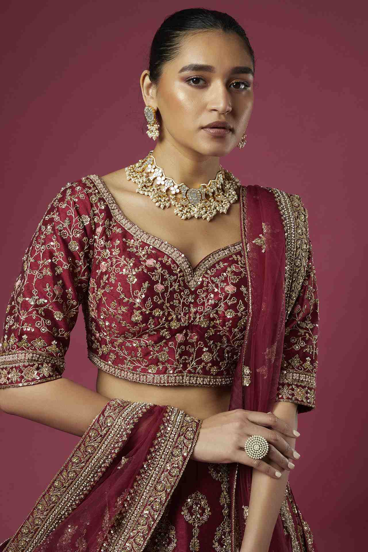 Maroon Raw Silk Embellished Lehenga Set