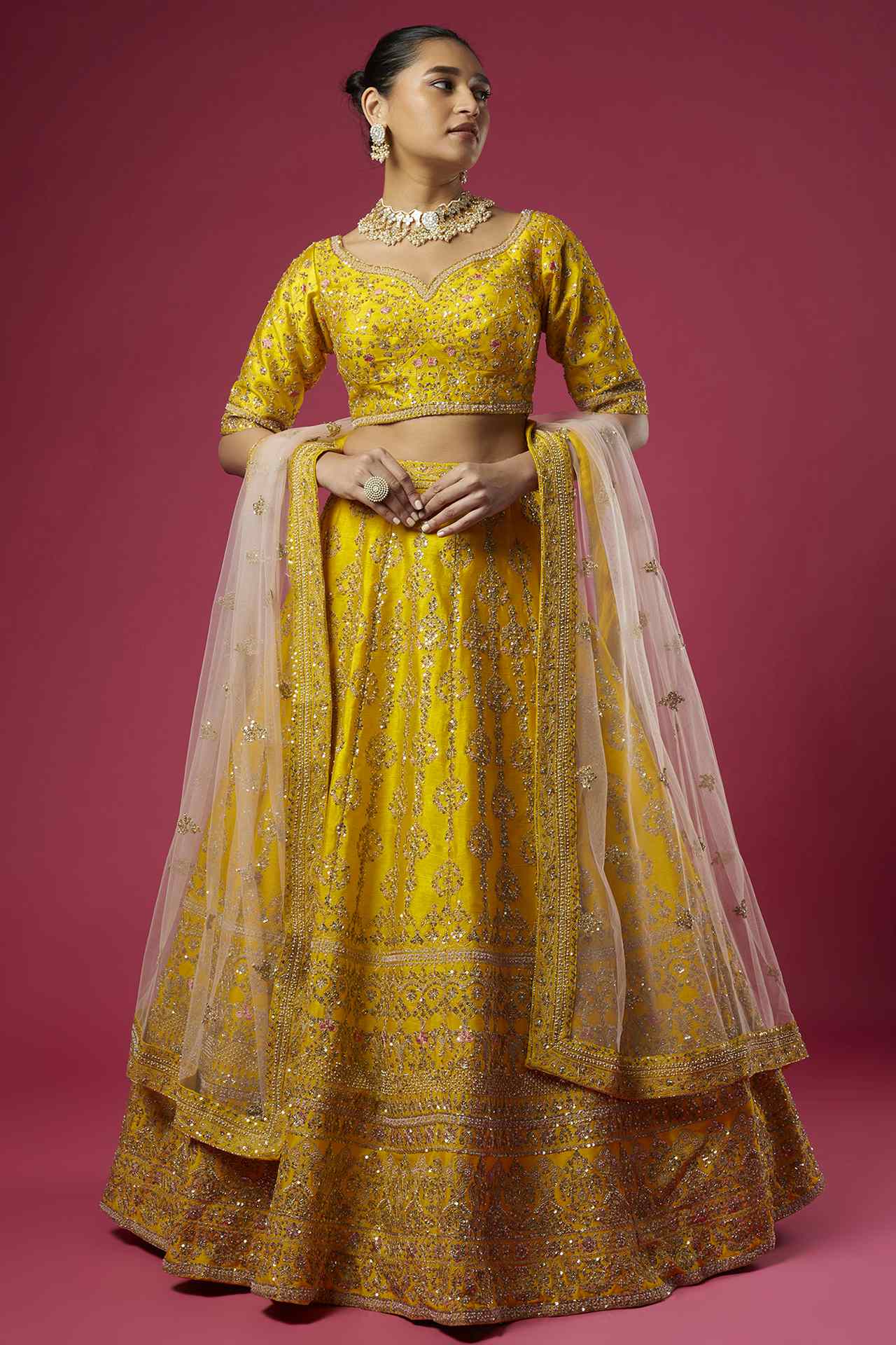 Mustard Raw Silk Embellished Lehenga Set