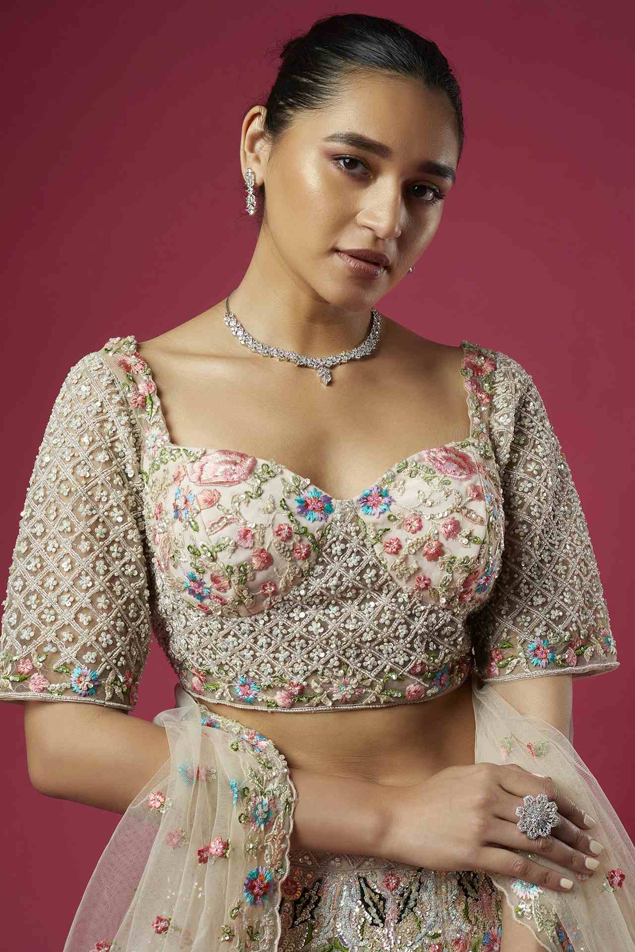 Blush Pink Net Embellished Lehenga Set