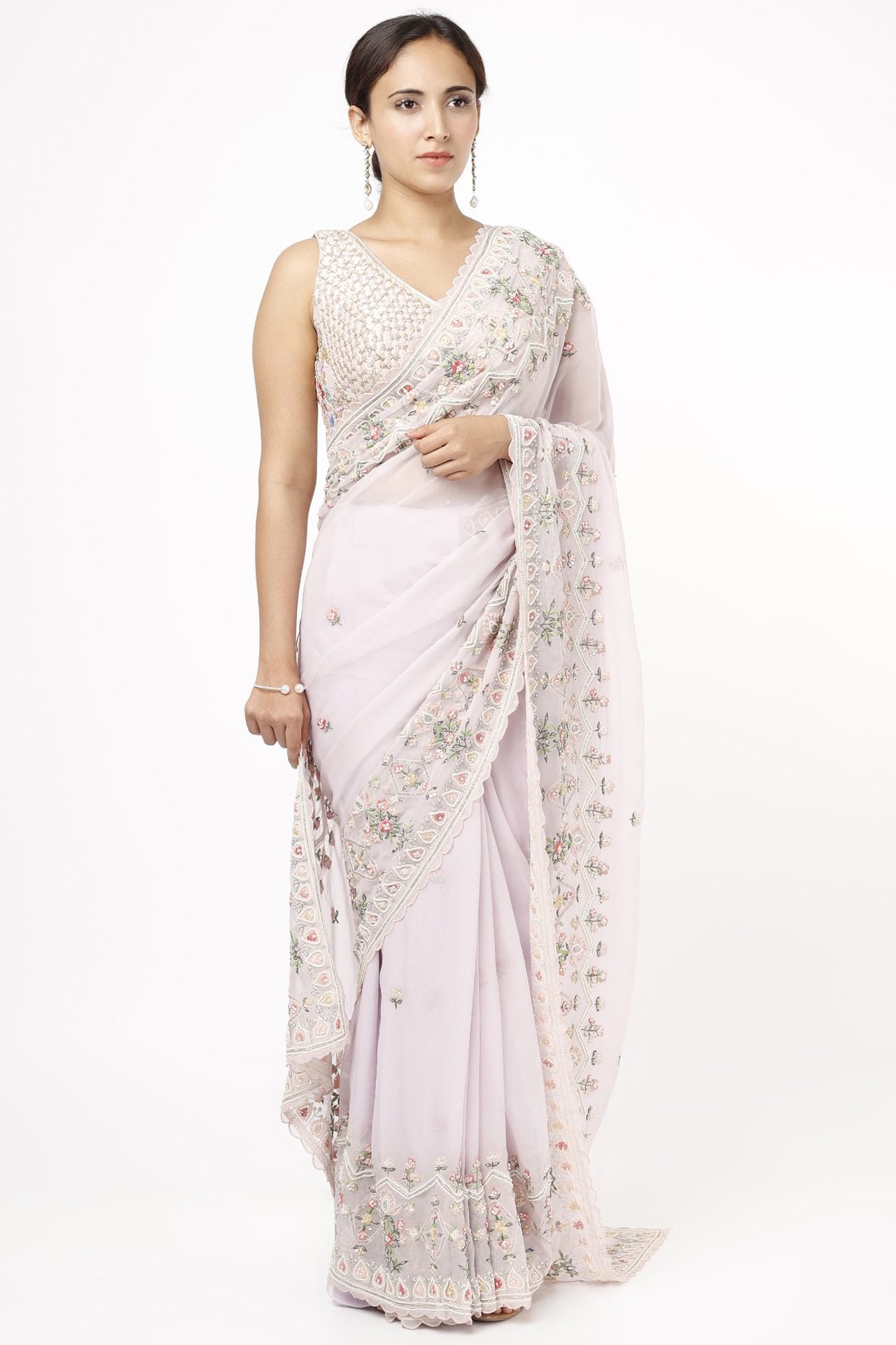 Mauve Organza Embroidered Saree Set