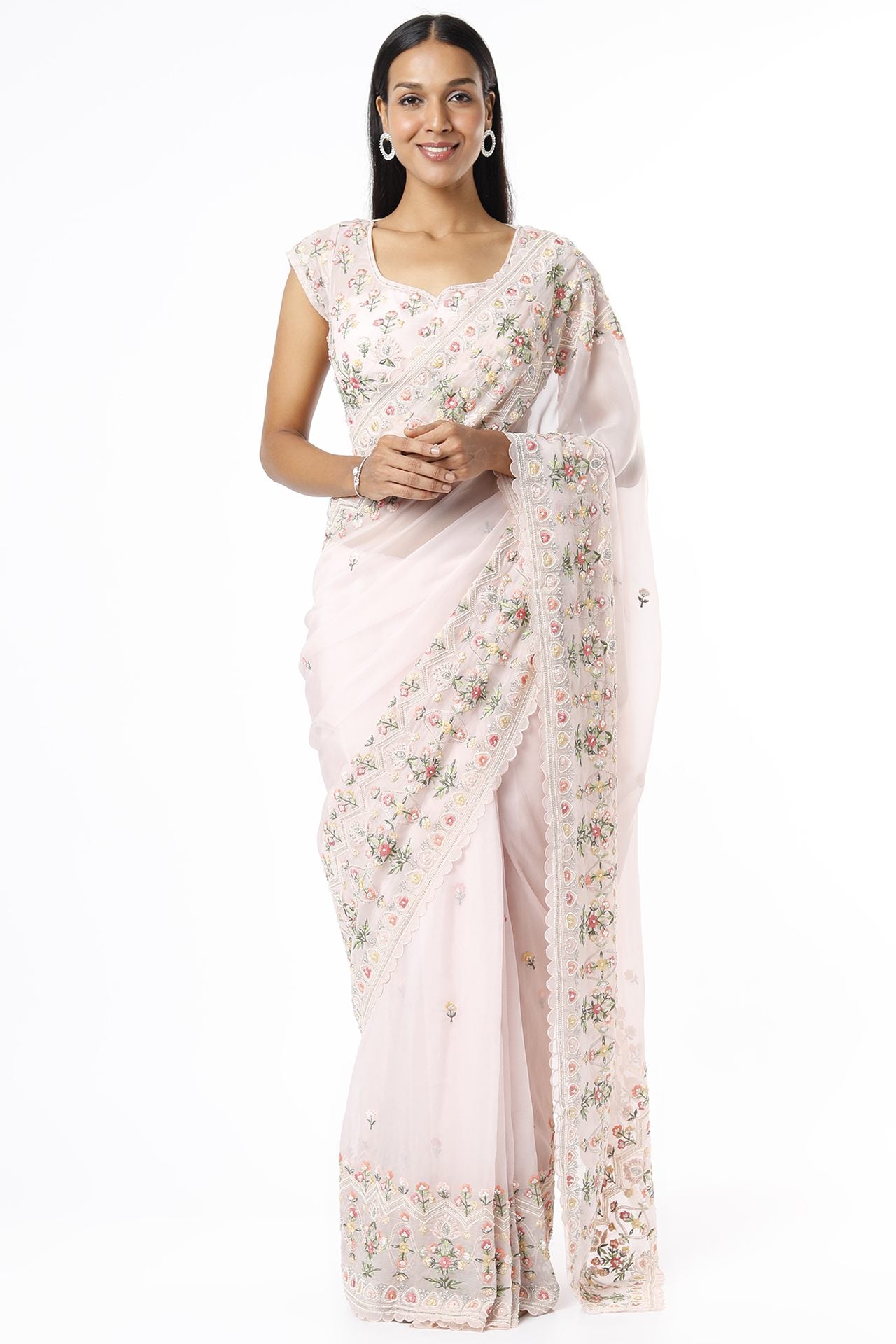 Blush Pink Resham Embroidered Saree Set