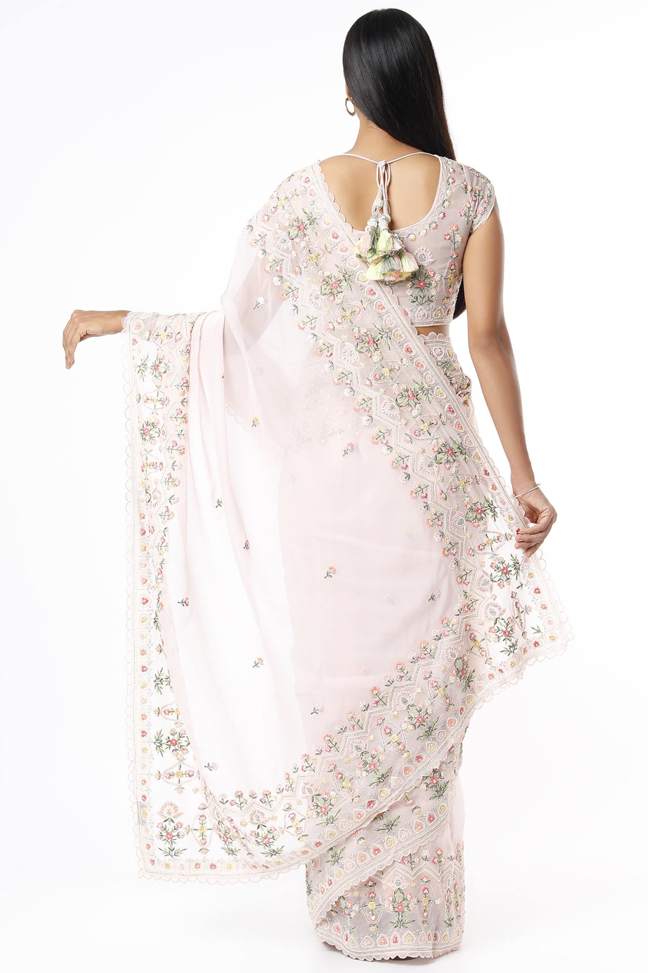 Blush Pink Resham Embroidered Saree Set