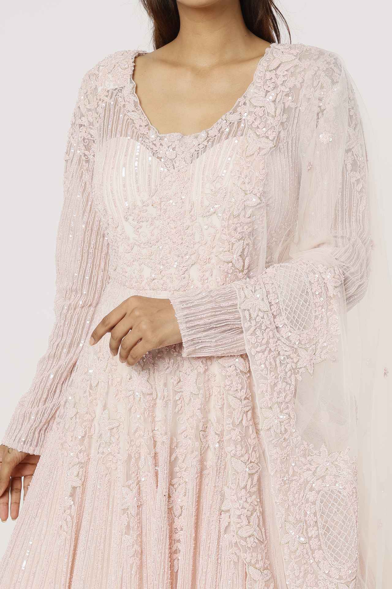 Blush Pink Embellished Gown With Dupatta