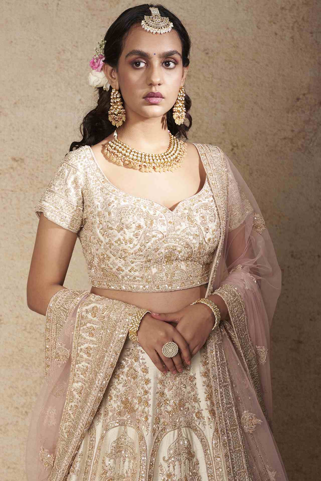 Cream Embroidered Lehenga Set