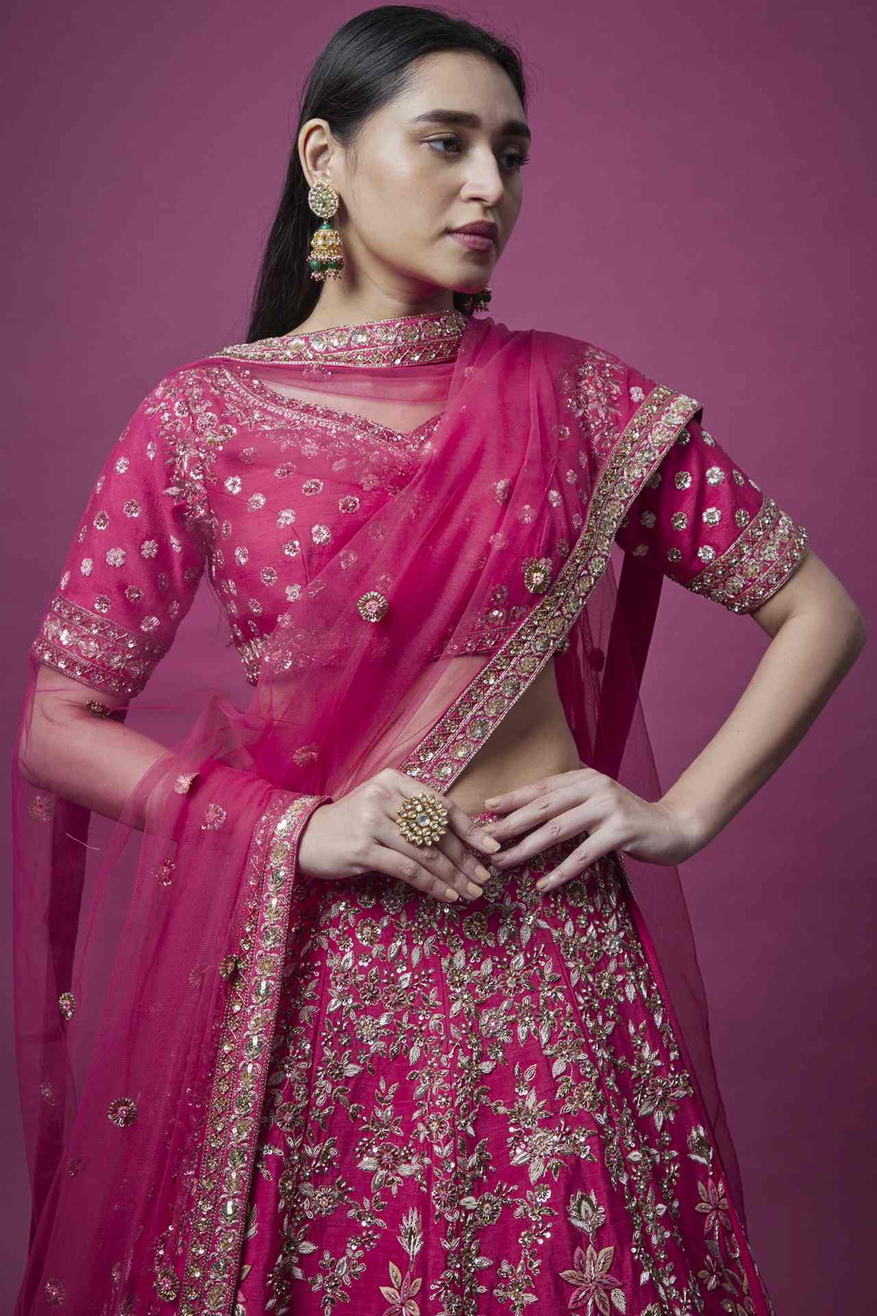 Pink Zari Embroidered Lehenga Set