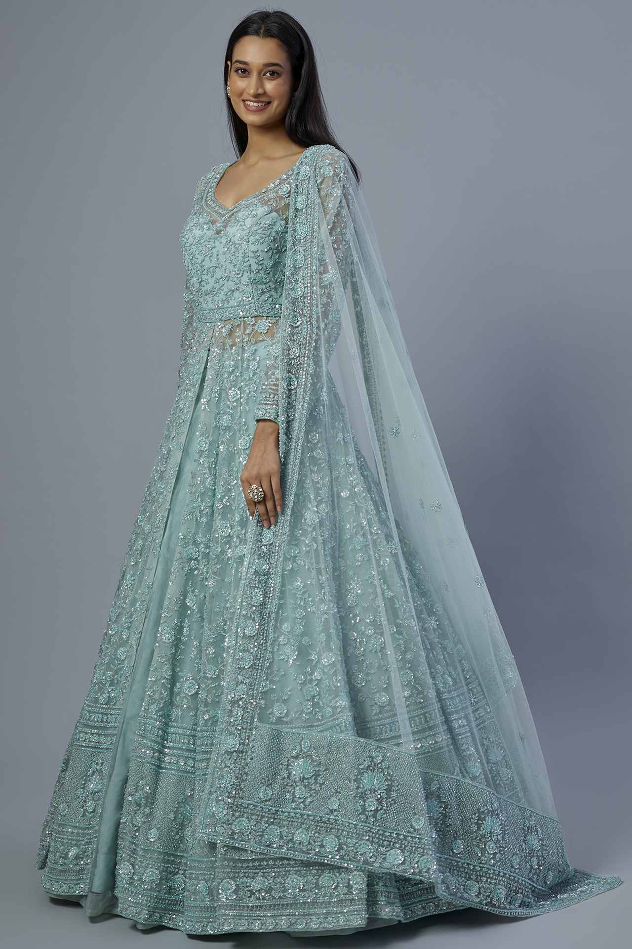 Blue Embroidered Jacket Lehenga Set