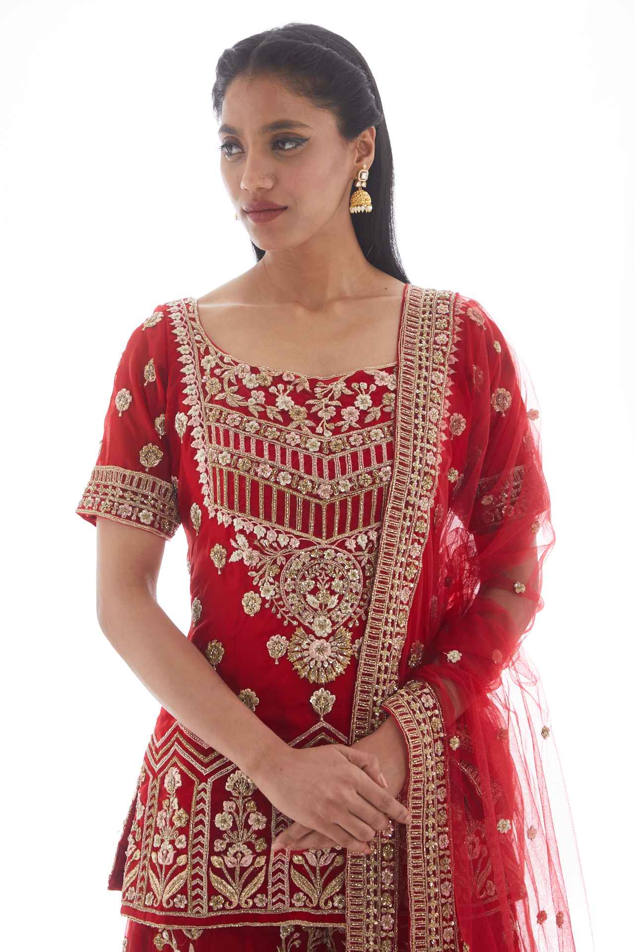 Red Embroidered Sharara Set