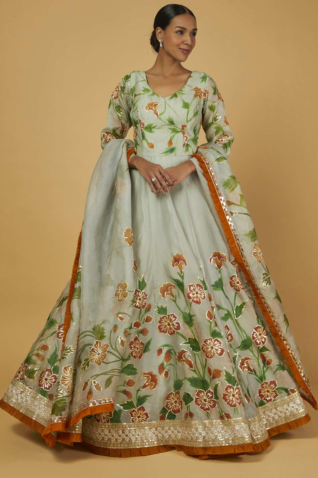 Mint Green Hand Printed Gown With Dupatta